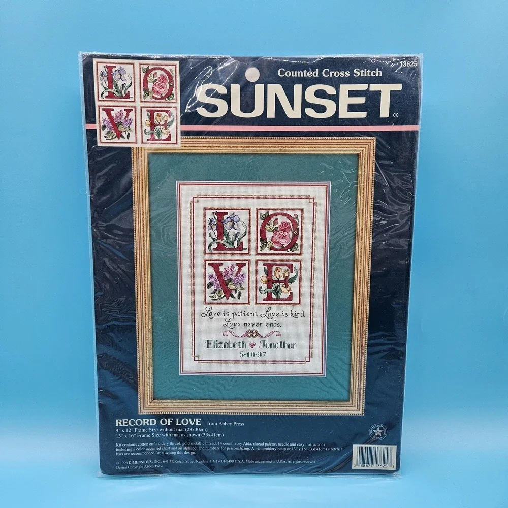 VTG Sunset RECORD OF LOVE Counted Cross Stitch Kit Abbey Press Love Marriage